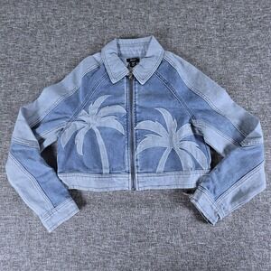 NWT Nasty Gal Palm Cutwork Crop Denim Jacket Women's Size 0 Embroidered Beach